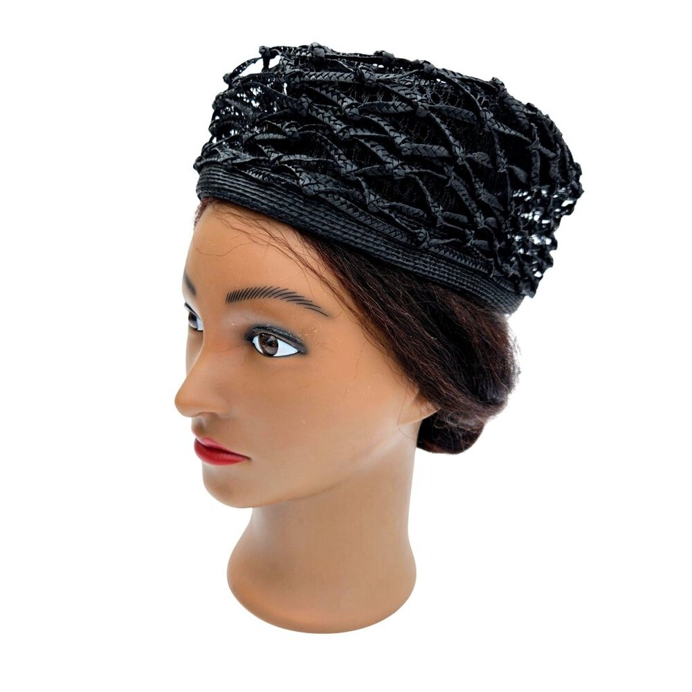 Vintage Black Woven Straw Pillbox Cage Hat Buffums Pinehurst 22" 1960s - Picture 7 of 12